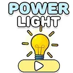 Žiarovka so žiariacimi lúčmi pod nápisom POWER LIGHT a symbolom prehrávania nižšie