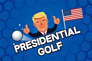 Kreslená postavička s blond vlasmi, dvoma zdvihnutými palcami, vedľa americkej vlajky a golfovej loptičky na modrom pozadí s nápisom PRESIDENTIAL GOLF