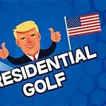 Kreslená postavička s blond vlasmi, dvoma zdvihnutými palcami, vedľa americkej vlajky a golfovej loptičky na modrom pozadí s nápisom PRESIDENTIAL GOLF