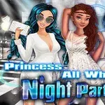 Tri farebne oblečené postavy v bielom na nočnej párty s nápisom Princess All White Night Party v pozadí