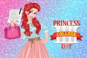Ilustrácia červeno-vlasej princeznej držiacej listinu s A+ a kabelku na farebnom pozadí s textom Princess College Day