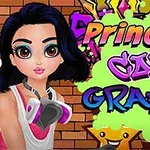 Mladá žena s čiernymi vlasmi a farebným respirátorom na krku stojí pred tehlovou stenou s farebnými graffiti nápismi Princess Cool Graffiti