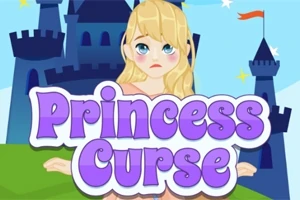 Blondínka princezná so smutným výrazom stojí pred hradom so zvýrazneným fialovým nápisom Princess Curse