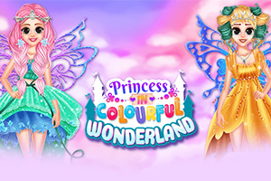 Dve farebné princezné s krídlami na farebnom pozadí s textom Princess in Colourful Wonderland