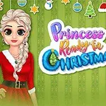 Dve kreslené postavy v vianočnom oblečení s nápisom Princess Ready for Christmas na zelenom pozadí s vianočnými dekoráciami