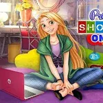Animovaná postava s dlhými blond vlasmi sedí na zemi v izbe s ružovým notebookom, okolo sú farebné vankúše a nápis Princess Shopping Online