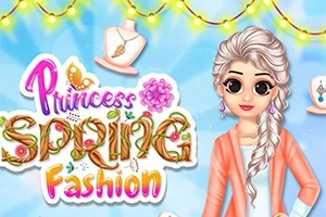 Princezná s bielymi vlasmi v copu stojí pred modrým pozadím s nápisom Princess Spring Fashion vedľa nej, dekorované jarnými motívmi a svetlami