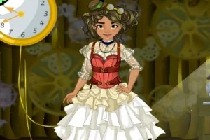 Dievča s kučeravými vlasmi v steampunkovom oblečení s červeným korzetom a bohatou bielou sukňou stojí pred ozubenými kolesami a hodinami