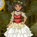 Dievča s kučeravými vlasmi v steampunkovom oblečení s červeným korzetom a bohatou bielou sukňou stojí pred ozubenými kolesami a hodinami