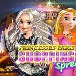 Dve kreslené postavy princezien v lesklých šatách pred osvetlenou budovou s nápisom Princesses Paris Shopping Spree