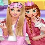 Dvaja kreslení dievčenskí postavy v ružových pyžamách, jedna drží cupcake, druhá objíma bieleho králika, s korunkou a škraboškou na hlave