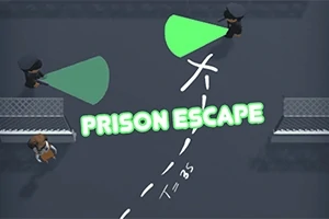 Dvaja strážcovia s baterkami sledujú v noci utekajúceho väzňa s nápisom Prison Escape
