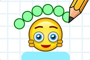 Usmievajúci sa emoji s modrými očami a ružové líca, nad ktorým sú zelené guličky a ceruzka
