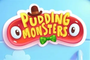 Červený želé príšer s očami, klobúkom a zeleným motýlikom v popredí modrej pozadia, s textom Pudding Monsters