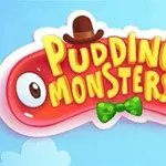 Červený želé príšer s očami, klobúkom a zeleným motýlikom v popredí modrej pozadia, s textom Pudding Monsters