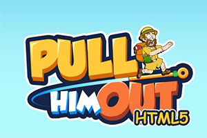 Bodré logo s názvom Pull Him Out HTML5 a postavička v klobúku s batohom na svetlomodrom pozadí