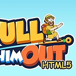 Bodré logo s názvom Pull Him Out HTML5 a postavička v klobúku s batohom na svetlomodrom pozadí