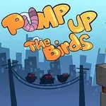 Zelený vták sedí na streche s pohľadom na čierne vtáky na elektrických drôtoch v mestskom prostredí, s nápisom Pump Up The Birds v pozadí
