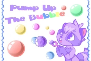 Fialový kreslený zvierací charakter fúka farebné bubliny na pozadí s nápisom Pump Up The Bubble