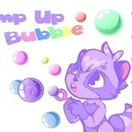Fialový kreslený zvierací charakter fúka farebné bubliny na pozadí s nápisom Pump Up The Bubble