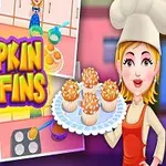 Kuchárka v čapici drží tanier s tekvicovými muffínmi s farebnými ilustráciami kuchyne a pečenia v pozadí