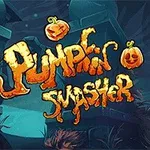 Oranžový nápis Pumpkin Smasher s vyrezávanými tekvicami na tmavomodrom pozadí