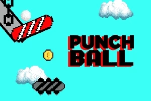 Obrázok obsahuje pixelovú ilustráciu oblačnej oblohy s nápisom “PUNCH BALL” vedľa mince a plošiny