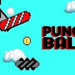Obrázok obsahuje pixelovú ilustráciu oblačnej oblohy s nápisom “PUNCH BALL” vedľa mince a plošiny