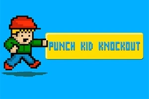 Pixelová postavička s červenou čiapkou a zeleným tričkom udiera päsťou, vedľa nej je žltý obdĺžnik s modrým textom PUNCH KID KNOCKOUT na modrom pozadí