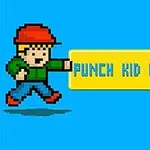 Pixelová postavička s červenou čiapkou a zeleným tričkom udiera päsťou, vedľa nej je žltý obdĺžnik s modrým textom PUNCH KID KNOCKOUT na modrom pozadí