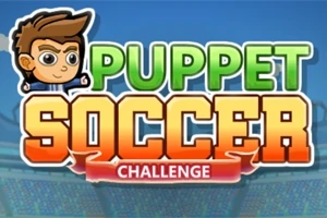 Karikatúra postavičky s hnedými vlasmi a veľkými očami vedľa textu PUPPET SOCCER CHALLENGE na farebnom štadióne