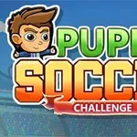 Karikatúra postavičky s hnedými vlasmi a veľkými očami vedľa textu PUPPET SOCCER CHALLENGE na farebnom štadióne
