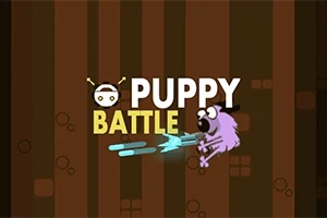 Text „Puppy Battle“ s kresleným psom s klobúkom strieľajúcim modré projektily na hnedo-pruhovanom pozadí