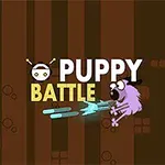 Text „Puppy Battle“ s kresleným psom s klobúkom strieľajúcim modré projektily na hnedo-pruhovanom pozadí