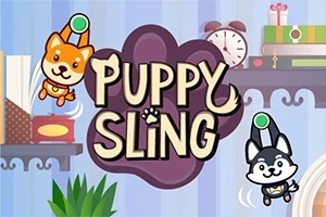 Dva kreslené šteniatka s popruhom, jedno oranžové a jedno čierne, skáču okolo nápisu Puppy Sling pred modrým pruhovaným pozadím s dekoratívnymi prvkami ako hodiny a knihy
