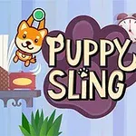 Dva kreslené šteniatka s popruhom, jedno oranžové a jedno čierne, skáču okolo nápisu Puppy Sling pred modrým pruhovaným pozadím s dekoratívnymi prvkami ako hodiny a knihy