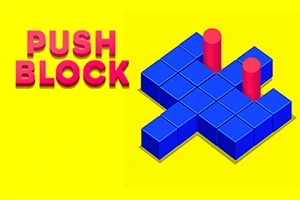Na obrázku je modrá kocková štruktúra s dvoma červenými stĺpmi na žltom pozadí vedľa názvu PUSH BLOCK