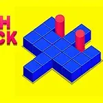Na obrázku je modrá kocková štruktúra s dvoma červenými stĺpmi na žltom pozadí vedľa názvu PUSH BLOCK