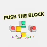 Text PUSH THE BLOCK nad farebnými tlačidlami a blokmi na bielom pozadí