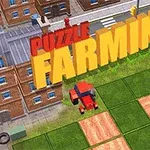 3D nápis PUZZLE FARMING nad mestskou a farmárskou krajinou s červeným traktorom na poliach