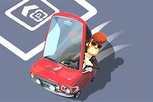 Muž v slnečných okuliaroch riadi červené auto na parkovisku