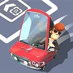 Muž v slnečných okuliaroch riadi červené auto na parkovisku