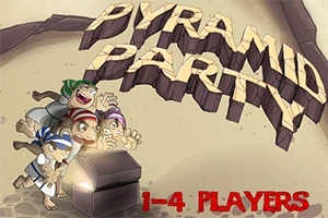 Skupina štyroch animovaných postáv sa pozerá na otvorenú truhlicu s nápisom PYRAMID PARTY vytesaným do kameňa nad nimi a textom 1-4 PLAYERS dole