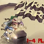 Skupina štyroch animovaných postáv sa pozerá na otvorenú truhlicu s nápisom PYRAMID PARTY vytesaným do kameňa nad nimi a textom 1-4 PLAYERS dole