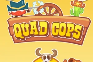 Kreslený kovboj s klobúkom strieľa na drevené koleso, vedľa ktorého je kaktus a znak s nápisom Quad Cops
