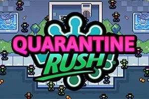 Farebný pixel art s nápisom Quarantine Rush na pozadí s množstvom malých postavičiek a mapou s fontánami