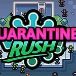 Farebný pixel art s nápisom Quarantine Rush na pozadí s množstvom malých postavičiek a mapou s fontánami