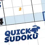 Čiernobiela mriežka s číslami, modrým logom Quick Sudoku a zvýraznenými políčkami
