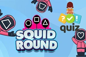 Postavičky v ružových uniformách s čiernymi maskami s geometrickými tvarmi, nápis Squid Round, a text quiz na modrom pozadí