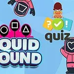Postavičky v ružových uniformách s čiernymi maskami s geometrickými tvarmi, nápis Squid Round, a text quiz na modrom pozadí